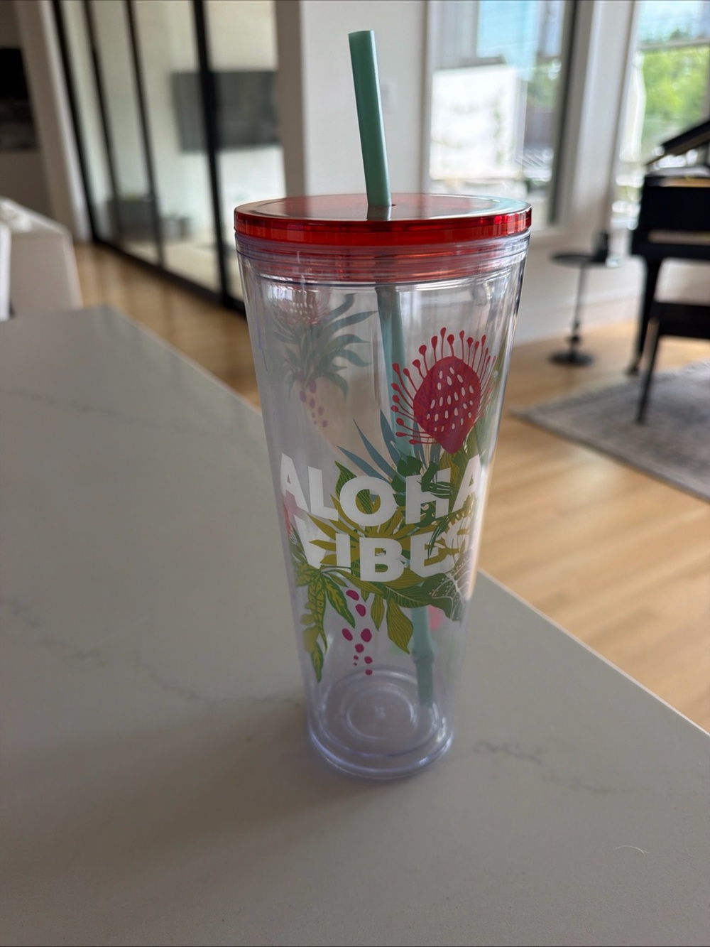 Starbucks Clear Tumbler with Red Lid and Mint Straw limited edition aloha vibes